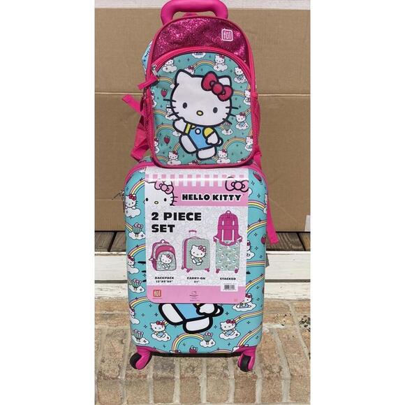Hello Kitty Other - Hello Kitty 2 Piece Luggage Set Backpack & Carry-on New Spinner Glitter Sanrio